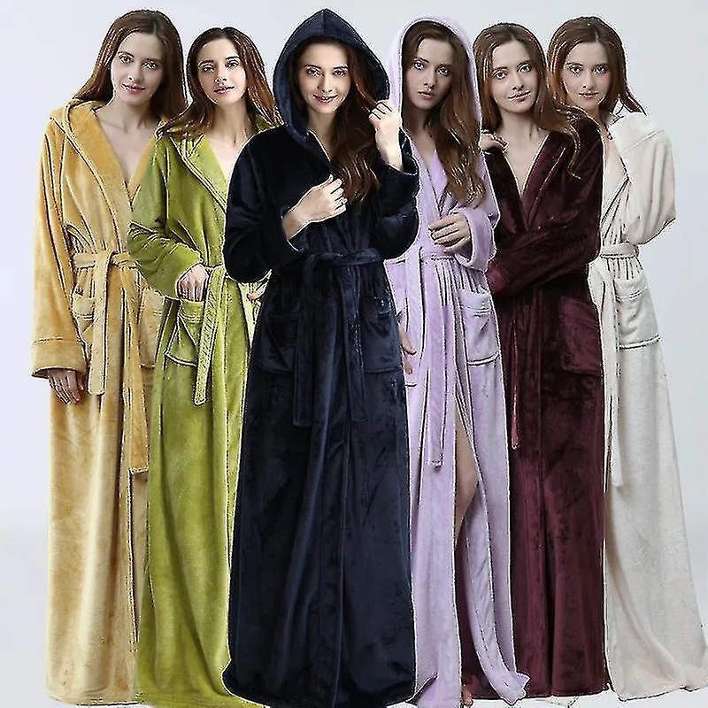 Mujeres Hombres Invierno Talla Grande Túnica de franela Extra Larga Con capucha Cálida Amantes Kimono Grueso Bata de baño Vestid